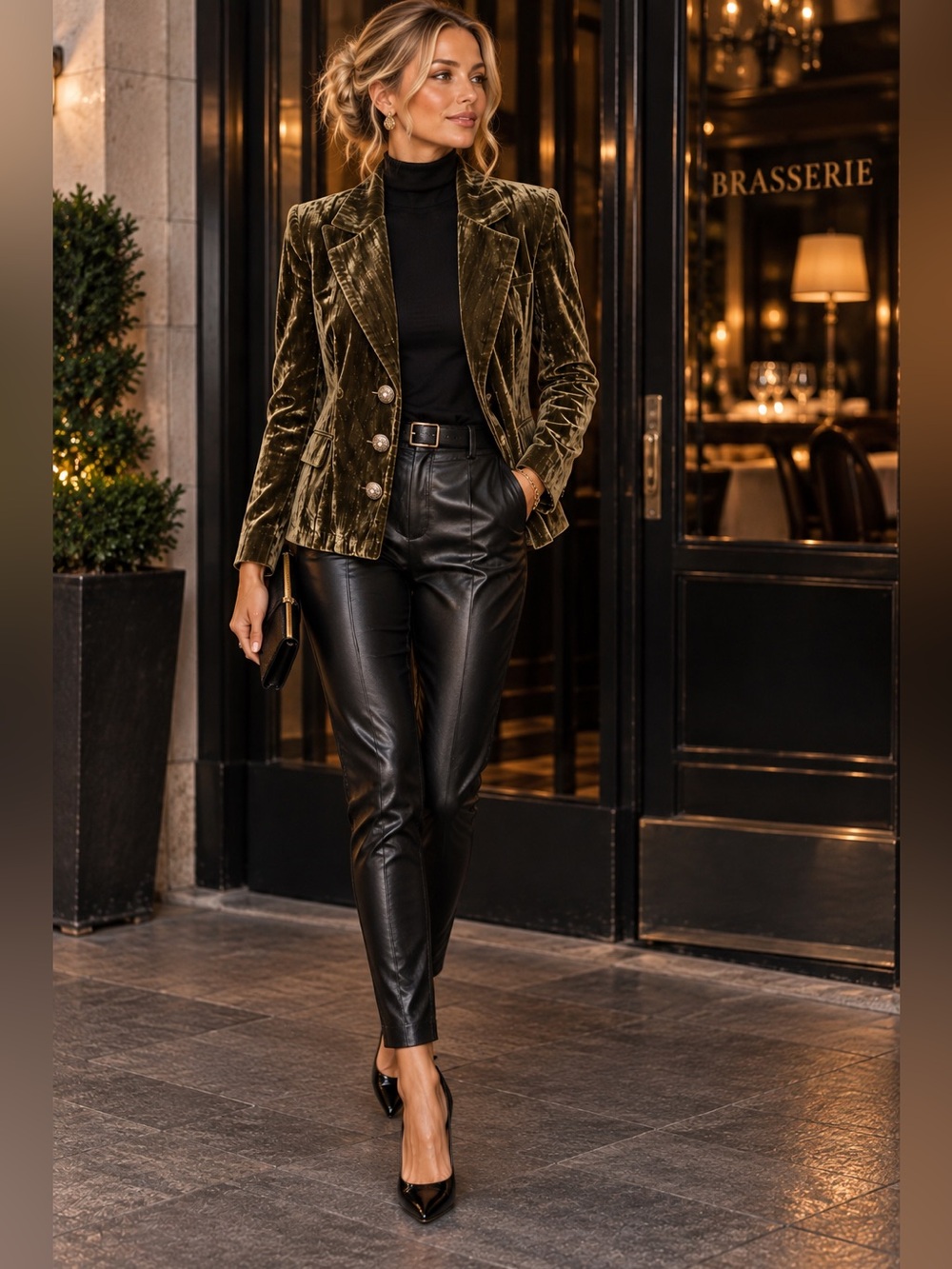 Olive Velvet Stylish Blazer with Brass Detailed Buttons